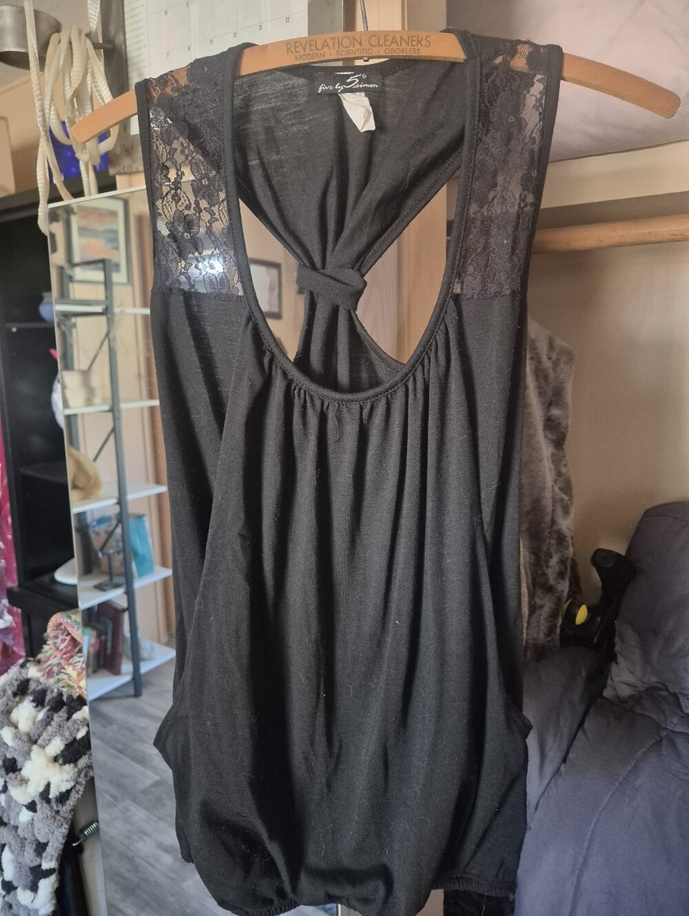 Sleeveless Black Lace Yoke Tie-Back Top